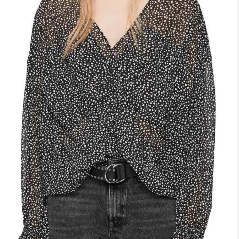 AllSaints Black Sheer Polka Dot Blouse | V-Neck Boho Chic Top | Size Small